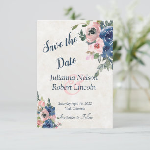 Rosa und blaue Aquarell-Blumen-Save-the-Date-Einla Einladung