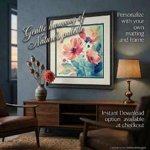 Rosa und blaue Aquarell-Blumenkunst Poster