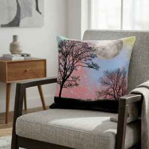 Rosa und blaue Aquarellbäume und Mond Kissen