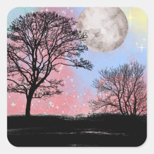 Rosa und blaue Aquarellbäume und Mond Quadratischer Aufkleber