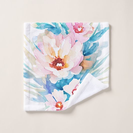 Rosa und blaue Aquarellblumen Badhandtuch Set (Waschlappen)