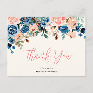 Rosa und blaue Aquarellblumen Danke Postkarte