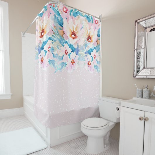 Rosa und blaue Aquarellblumen Duschvorhang (Beispiel)