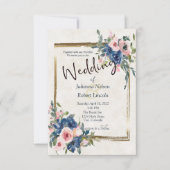 Rosa und blaue Aquarellblumen mit goldenem Rahmen Einladung (Vorderseite)