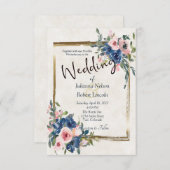 Rosa und blaue Aquarellblumen mit goldenem Rahmen Einladung (Vorne/Hinten)