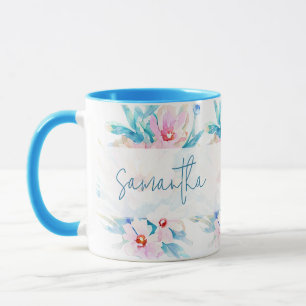 Rosa und blaue Aquarellblumen personalisiert Tasse