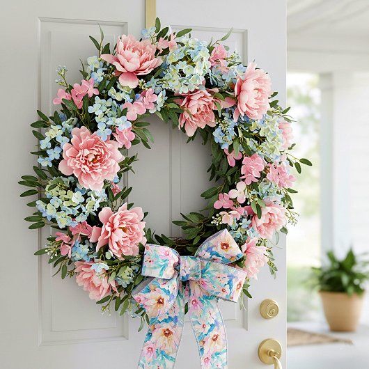 Rosa und blaue Aquarellblumen Satinband