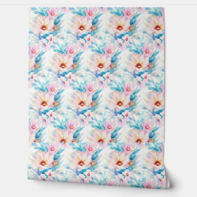 Rosa und blaue Aquarellblumen Tapete (Abrollen)
