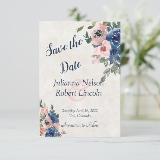 Rosa und blaue Aquarellblütenblüte Save the Date i Einladung (Stehend Vorderseite)