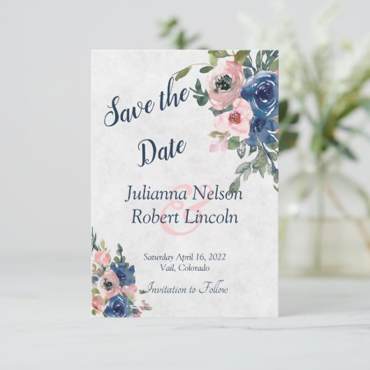 Rosa und blaue Aquarellblütenblüte Save the Date i Einladung (Stehend Vorderseite)