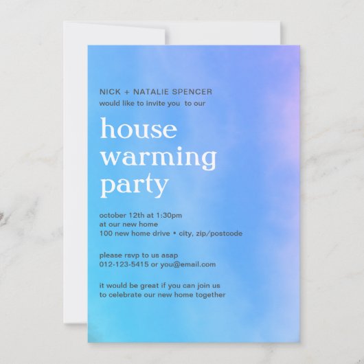 Rosa und blaue Aquarellfarbe Erwärmung Party Invit Einladung (Vorderseite)