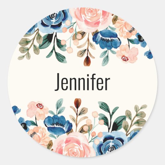 Rosa und blaue Aquarellfarben - Blume Grenzen Runder Aufkleber (Vorderseite)
