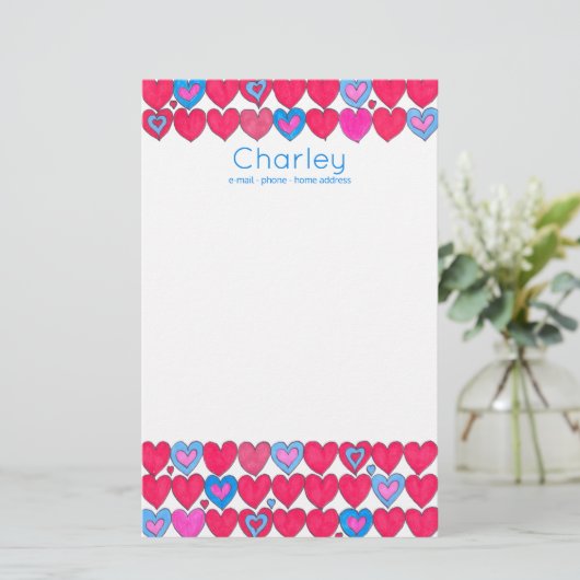 Rosa und blaue Aquarellherzen personalisiert Briefpapier (Stehend Vorderseite)