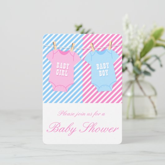 Rosa und blaue Babydusche Einladung Twins Opt 1 (Stehend Vorderseite)