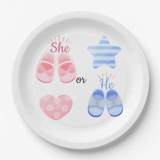 Rosa und Blaue Babyschuhe Sie oder Er? Geschlecht Pappteller (Vorderseite)