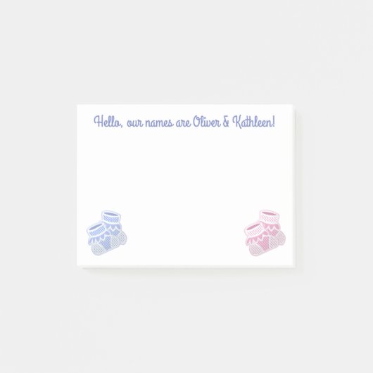 Rosa und blaue Babysocken Post-it Klebezettel (Vorderseite)