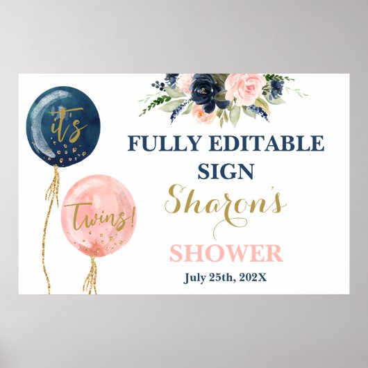 Rosa und blaue Ballons Babydusche Twins Zeichen Poster (Vorne)