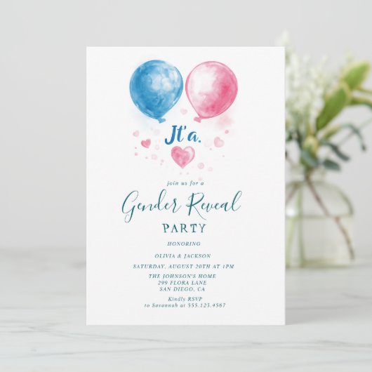 Rosa und blaue Ballons Gender Reveal Party Einladung (Stehend Vorderseite)