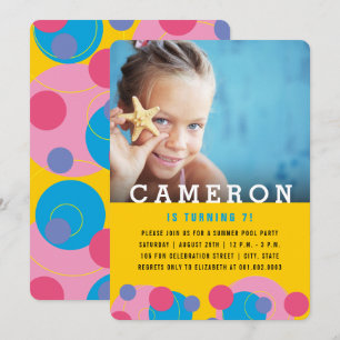 Rosa und blaue Blasen Foto Mädchen Geburtstagsfeie Einladung