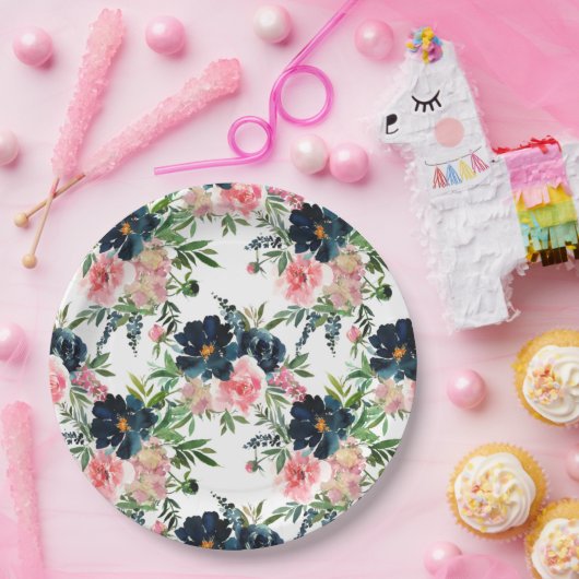 Rosa und blaue blühende Rose Hochzeit Pappteller (Party)