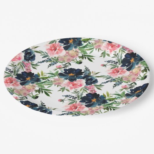 Rosa und blaue blühende Rose Hochzeit Pappteller (Schrägansicht)