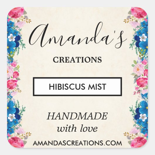 Rosa und blaue Blume bilden einen Rahmen für Extra Quadratischer Aufkleber (Vorderseite)