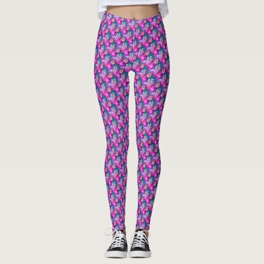 Rosa und blaue Blume Design Muster Leggings (Vorderseite)