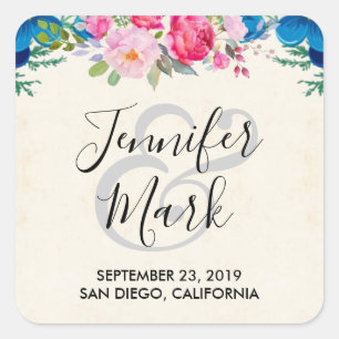 Rosa und blaue Blume Quadratischer Aufkleber