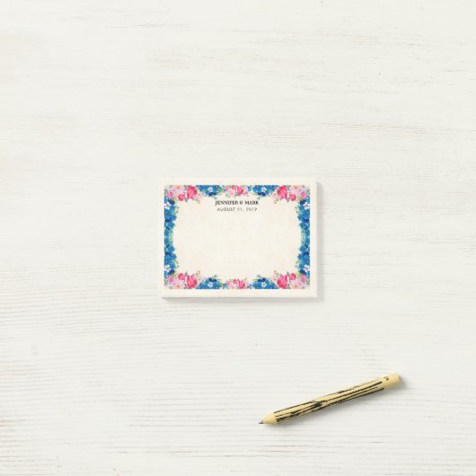 Rosa und blaue Blume Rahmen Extravagante Hochzeit Post-it Klebezettel (Auf Schreibtisch)