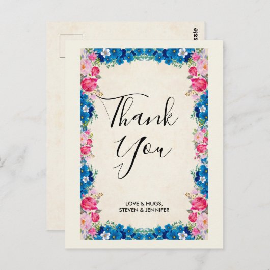 Rosa und blaue Blume Rahmen Extravagante Hochzeit Postkarte (Vorne/Hinten)