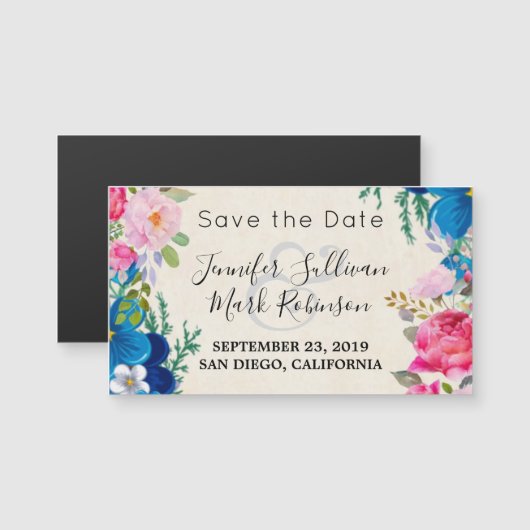 Rosa und blaue Blume Rahmen Save the Date Extravag Magnetkarte (Vorne/Hinten)