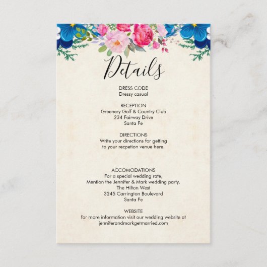 Rosa und blaue Blumen - Angaben zur Hochzeitsstimm (Vorderseite)