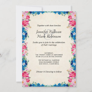 Rosa und blaue Blumen auf Imitate Parchment Weddin Einladung