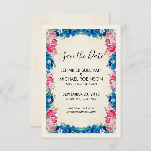 Rosa und blaue Blumen Extravagant Elegante Hochzei Save The Date (Vorne/Hinten)