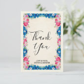 Rosa und blaue Blumen Extravagante RahmenWedding Dankeskarte (Stehend Vorderseite)