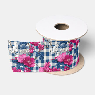 Rosa und blaue Blumen Gingham Pattern Satinband