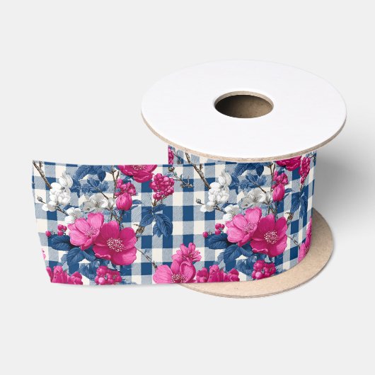Rosa und blaue Blumen Gingham Pattern Satinband (Spule)