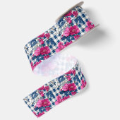 Rosa und blaue Blumen Gingham Pattern Satinband (Rückseite)