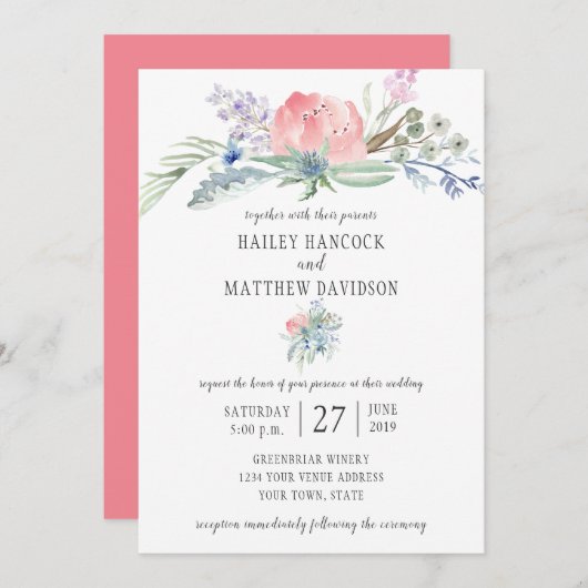 Rosa und blaue Blumen Grüne Hochzeit Einladung (Vorne/Hinten)