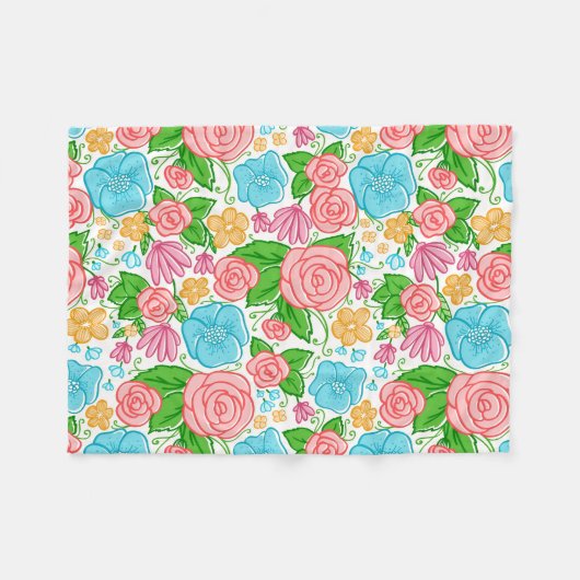 Rosa und blaue Blumen im blauen Hintergrund Fleecedecke (Vorderseite (Horizontal))