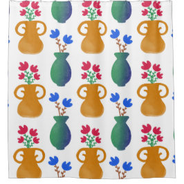 Rosa und blaue Blumen in Töpfen Duschvorhang