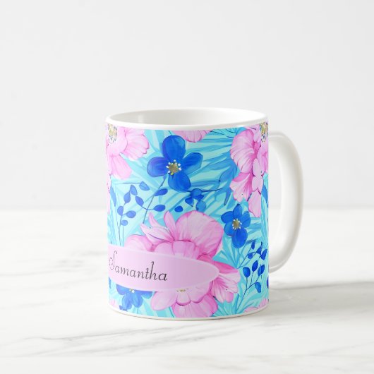 Rosa und blaue Blumen Kaffeetasse (VorderseiteRechts)
