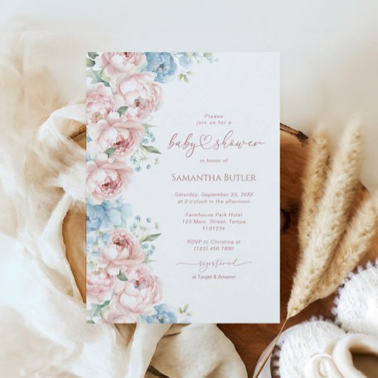Rosa und blaue Blumen Kinderdusche Einladung