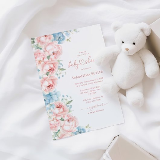 Rosa und blaue Blumen Kinderdusche Einladung