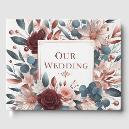 Rosa und blaue Blumen mit Burgund-Rose Gästebuch