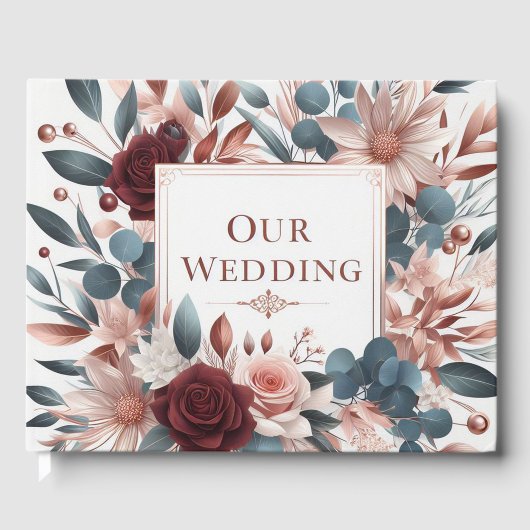 Rosa und blaue Blumen mit Burgund-Rose Gästebuch (Vorderseite)