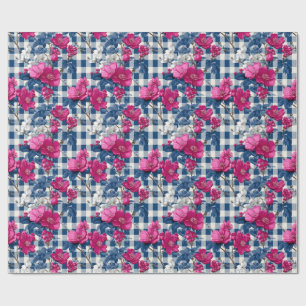 Rosa und blaue Blumen Schwarzer Gingham Dekoupage Geschenkpapier