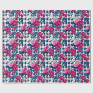 Rosa und blaue Blumen Schwarzer Gingham Dekoupage Geschenkpapier