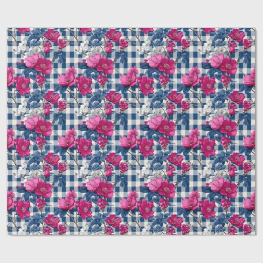 Rosa und blaue Blumen Schwarzer Gingham Dekoupage Geschenkpapier (Flach)