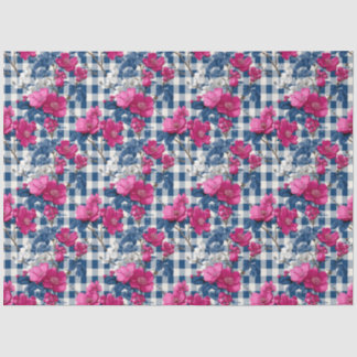 Rosa und blaue Blumen Schwarzer Gingham Dekoupage Seidenpapier